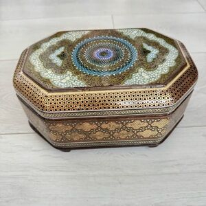 Vintage Micro Mosaic Jewelry Box Persian Hand Painted Khatam Inlay